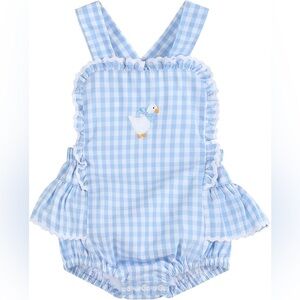NWOT - Lil Cactus Blue Gingham Goose Lace Bow Ruffle Romper (6-12 months)